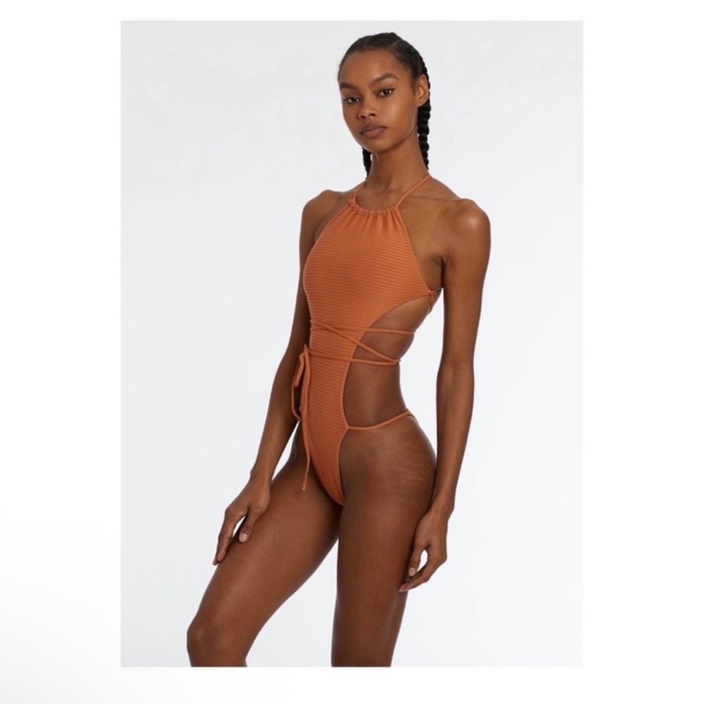 New! Rare INAMORATA George’s Ribbed Cut-Out Wrap Tie Lace Up One Piece Swimsuit - Picture 7 of 12
